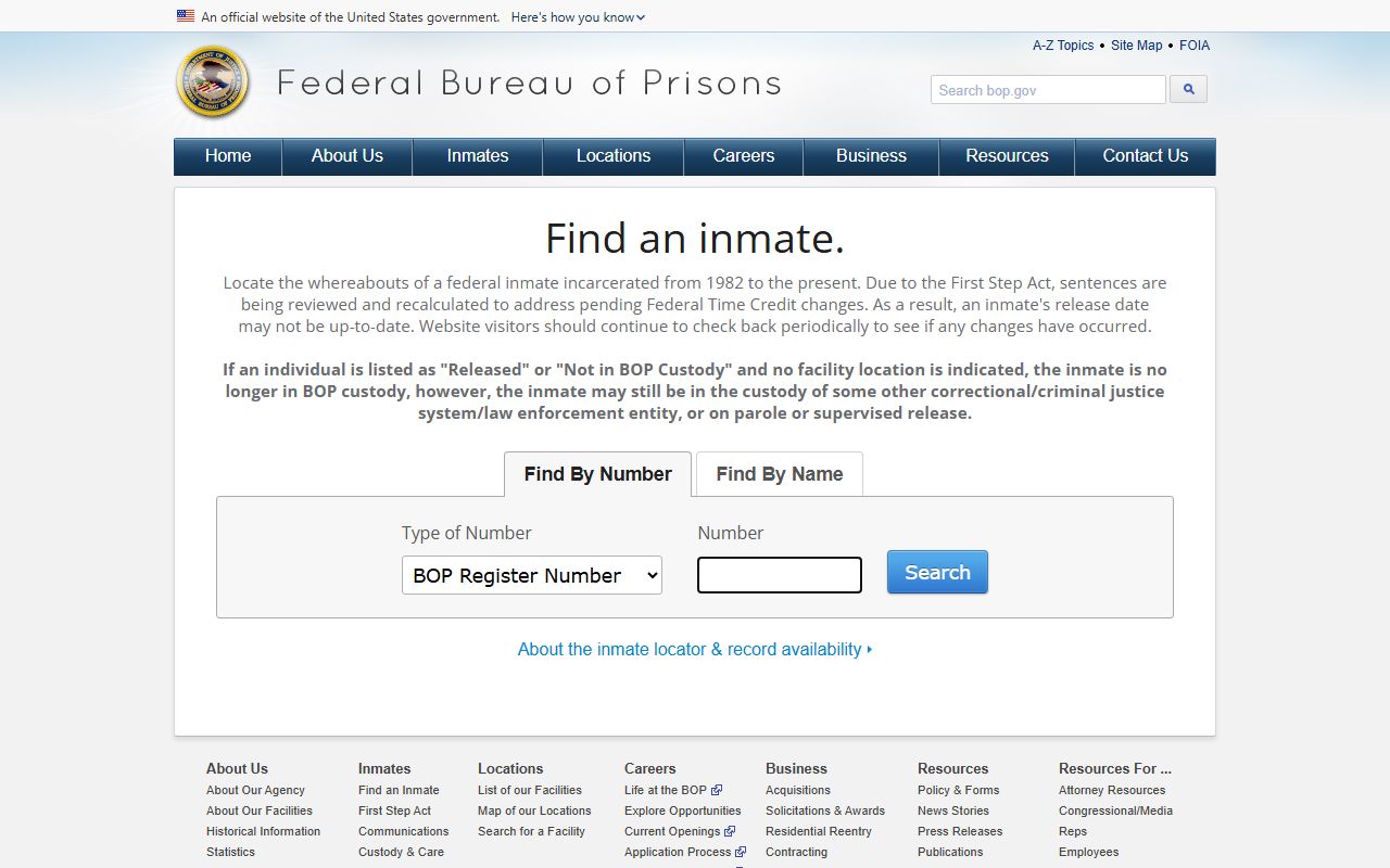 Federal BOP locator for custody searches separate from Monroe County mugshots